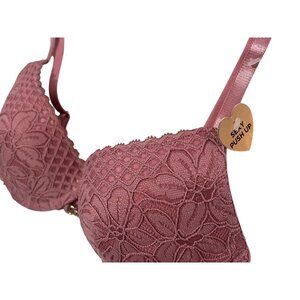 Juicy Couture 34C Pink Lace Push-Up Bra Adj Straps Sweetheart Charm Accent